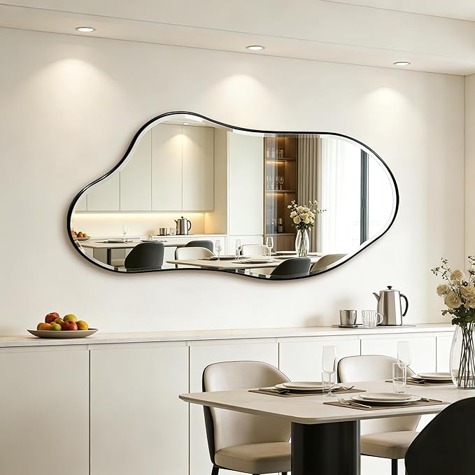 POZINO Large Irregular Beveled Mirror, 63"x31.5" Premium Asymmetrical Wall Mirror with Metal Frame, Organic Shaped Mirrors for Living Room Bedroom Hallway Entryway, Horizontal/Vertical Hanging