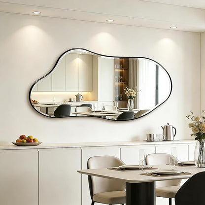 POZINO Large Irregular Beveled Mirror, 63"x31.5" Premium Asymmetrical Wall Mirror with Metal Frame, Organic Shaped Mirrors for Living Room Bedroom Hallway Entryway, Horizontal/Vertical Hanging