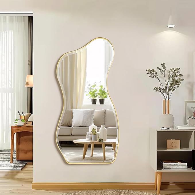 POZINO Irregular Beveled Mirror, 53"x25" Large Asymmetrical Aesthetic Wall Mirror with Gold Metal Frame, Premium Organic Shaped Mirrors for Living Room Bedroom Hallway Entryway, Leaning/Wall-Mount