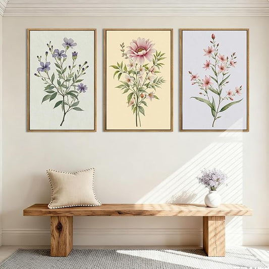 ANHUIB Boho Floral Canvas Wall Art, Framed Minimalist Beige Wildflower Wall Decor, Neutral Botanical Painting 16x24 Inch Set of 3 for Living Room Bedroom Dining Room