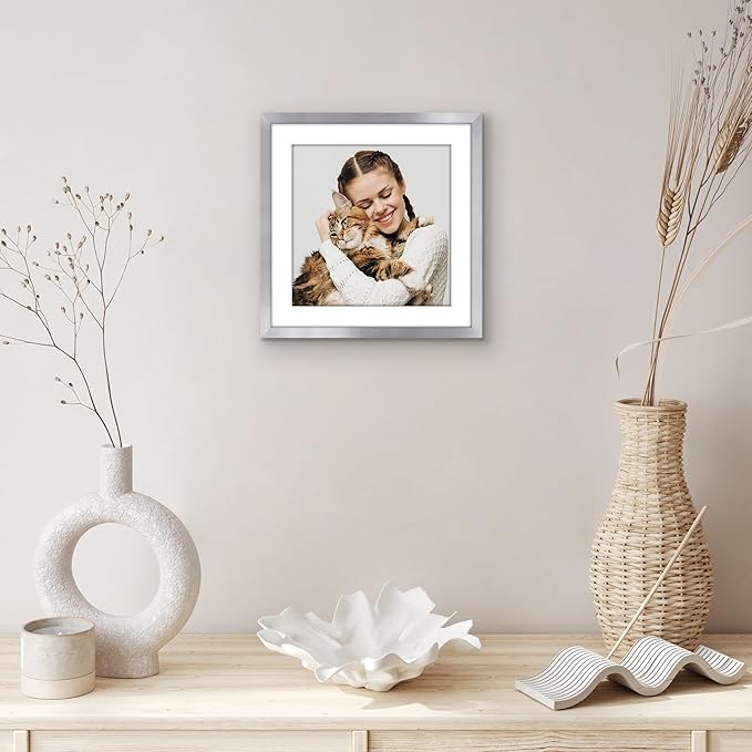 Americanflat 10x10 Picture Frame with Shatter-Resistant Glass - Use as 8x8 Frame with Mat or Display 10x10 Photo Without Mat - Streamline Collection - Square Frames for Tabletop or Wall - Silver