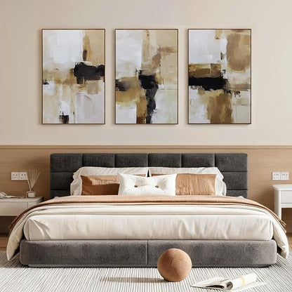 Large Neutral Abstract Textured Framed Canvas Wall Art Set, Minimalist Wall Decor Modern Art Prints, Black Brown Wall Painting Artwork for Living Room,Bedroom,Dining Room,Office, 24"x36"x3