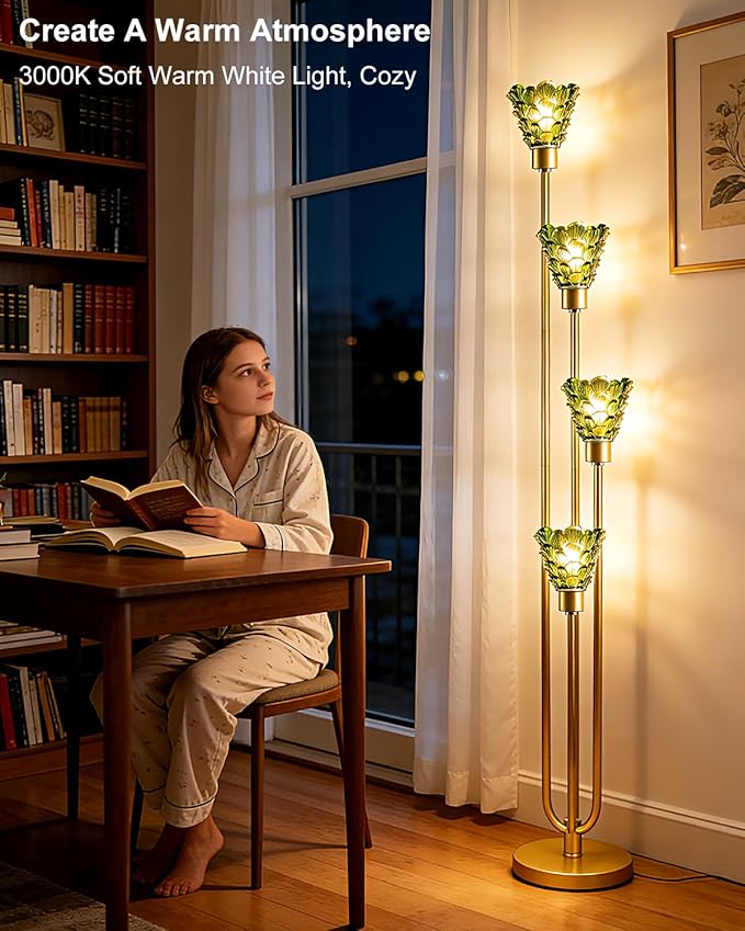 63IN 4-Lights Glass Floor Lamp Modern Dimmable Floor Lamps with Green Glass Shade& Warm White Bulbs for Wedding/Party, Gold Tall Standing Lamp with 5Lbs Heavy Base for Living Room/Bedroom