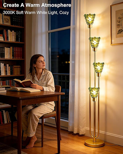 63IN 4-Lights Glass Floor Lamp Modern Dimmable Floor Lamps with Green Glass Shade& Warm White Bulbs for Wedding/Party, Gold Tall Standing Lamp with 5Lbs Heavy Base for Living Room/Bedroom