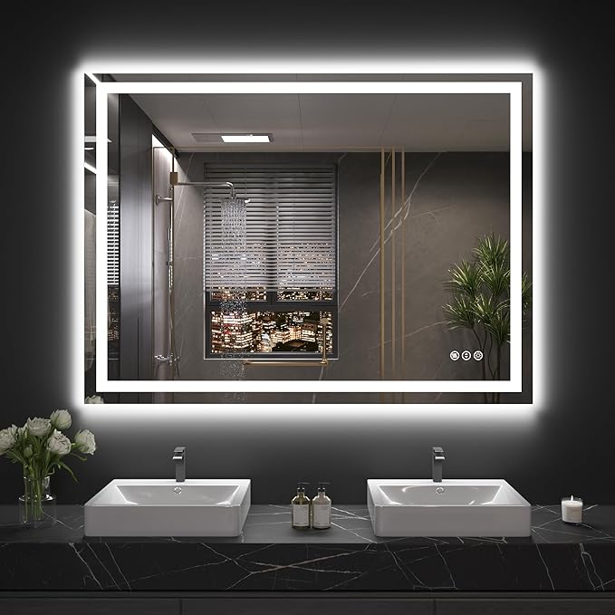Snowdool 48"X32" LED Bathroom Mirror with Front Lights and Backlit, Anti-Fog, Dimmable, Shatter-Proof Tempered Glass, Lighted Bathroom Vanity Mirror for Wall with 3 Colors, Memory Function