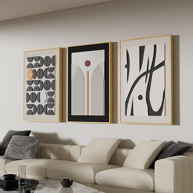 Large 3D Textured Framed Abstract Wall Art for Living Room, 3 Piece Modern Boho Artwork for Walls, Black White Orange Geometric Sandstone Texture Pictures for Hallway Office Home Decor 24x36 In