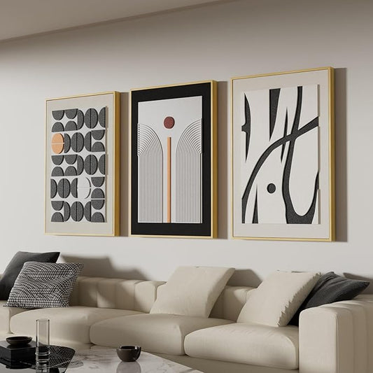 Large 3D Textured Framed Abstract Wall Art for Living Room, 3 Piece Modern Boho Artwork for Walls, Black White Orange Geometric Sandstone Texture Pictures for Hallway Office Home Decor 24x36 In