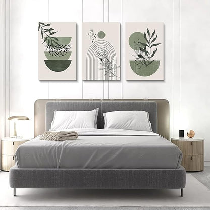 Sage Green Wall Posters & Prints, Green Boho Wall Art Set of 3, Minimalist Framed Wall Art Geometric Line Leaf Sun Moon Beige Green Canvas Artwork Paintings