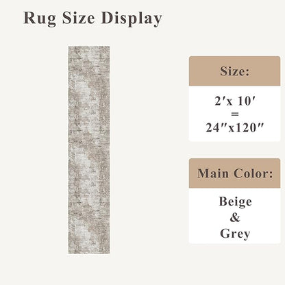 Long Runner Rug for Hallway 2x10 Ft - Non-Slip Washable Carpet Runner for Kitchen Hall Indoor Entryway, Bedroom, Living Room, Modern Abstract Low-Pile （Beige Grey）
