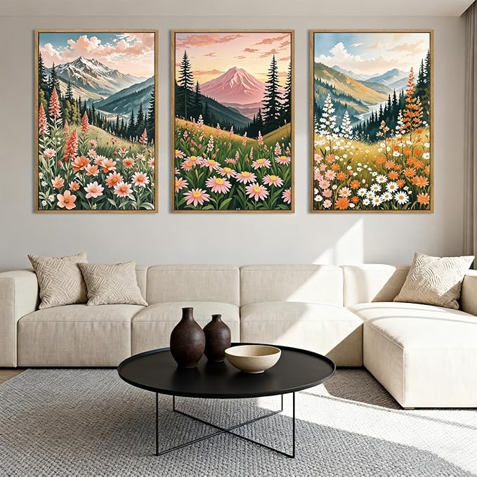 ANHUIB Colorful Landscape Wall Art 16x24 Inch Abstract Mountain Forest Wall Decor Wildflower Blossom Artwork Nature Scenery Painting Set of 3 for Living Room Bedroom Dining Room