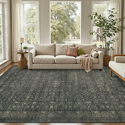 8x10 Washable Area Rug for Living Room, Extra Large,Green Vintage Floral Boho Rugs for Dining Room, Farmhouse, Durable Low Pile Non Slip Carpet for High Traffic Areas, Moss Brown