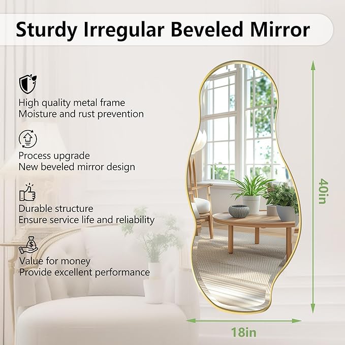 POZINO Irregular Beveled Mirror, 40"x18" Premium Asymmetrical Mirror with Gold Metal Frame, Modern Organic Wall Mirrors for Living Room Bathroom Bedroom Hallway Entryway, Horizontal/Vertical Hanging