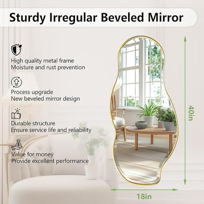 POZINO Irregular Beveled Mirror, 40"x18" Premium Asymmetrical Mirror with Gold Metal Frame, Modern Organic Wall Mirrors for Living Room Bathroom Bedroom Hallway Entryway, Horizontal/Vertical Hanging