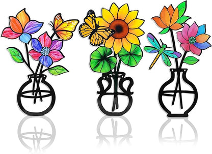 FaloStwer 3Pcs Metal Flowers Wall Arts Rustic Farmhouse Decor, House Minimalist Bathroom Wall Decors Sculptures, Metal Vase Flowers Wall Arts for Living Room Dining Bedroom Wall Decorations Housewarming Gift (Colorful-B)