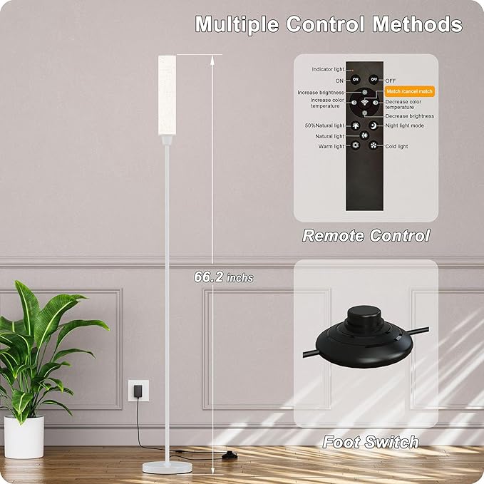 Nukanu Floor Lamp with Remote Control, Floor Lamps for Living Room/Bedroom/Office, Stepless Adjustable 3000K-6000K Colors and 10-100% Brightness,Standing Light with Foot Switch (White+Beige Linen)