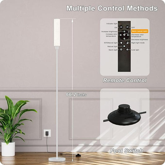 Nukanu Floor Lamp with Remote Control, Floor Lamps for Living Room/Bedroom/Office, Stepless Adjustable 3000K-6000K Colors and 10-100% Brightness,Standing Light with Foot Switch (White+Beige Linen)