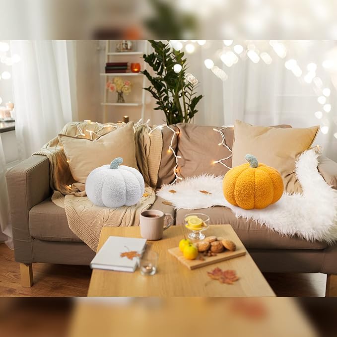 Kajaia 2 Pcs Simulated Pumpkin Plush Pillow 11 x 9.5 Inch 3D Cushion Fall Decorations Stuffed Throw Pillows Toy for Fall Halloween Thanksgiving Bedroom Sofa Couch Supplies (White,Yellow)