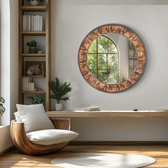 30 Inch Dark Solid Wood Round Wall Mirror, Brown Wooden Decorative Circle Mirror for Bathroom, Bedroom, Living Room, Entryway, Hallway, or Foyer