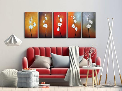 Wieco Art Colorful Flowers Oil Painting on Canvas Wall Art Ready to Hang for Living Room Bedroom Home Decoration Modern 5 Piece 100% Hand Painted Gallery Wrapped Contemporary Abstract Floral