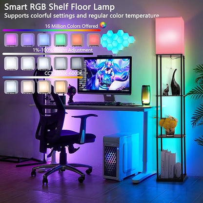Gupuzm Floor Lamp with Shelves, with Modern Square Standing Lamp with Smart APP Control RGB Bulb, Corner Display Bookshelf Lamp for Living Room, Bedroom and Office (black-9RGB)