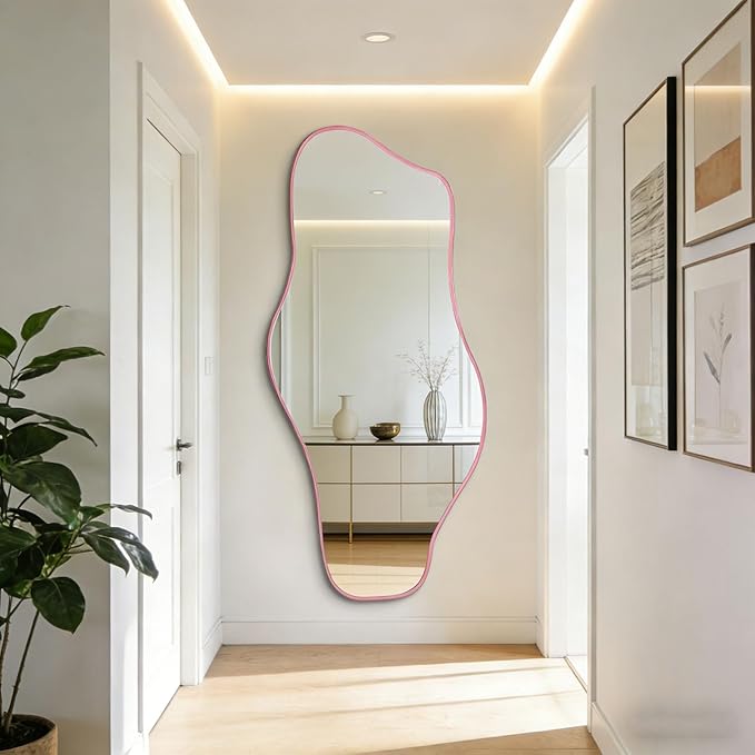 Irregular Mirror Full Length, 67"x31" Asymmetrical Tempered Glass Wall Mirror, Large Pink Organic Frameless Mirrors for Living Room Bedroom Hallway Entryway, Horizontal or Vertical Hanging