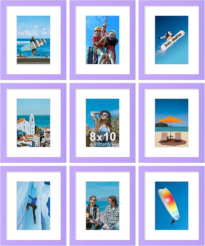 Vittanly 8x10 Picture Frames Set of 9, Shatter Resistant Plexiglass, Display 5x7 Pictures with Mat or 8x10 without Mat, Photo Frames for Wall or Tabletop, Engineered Wood, Purple