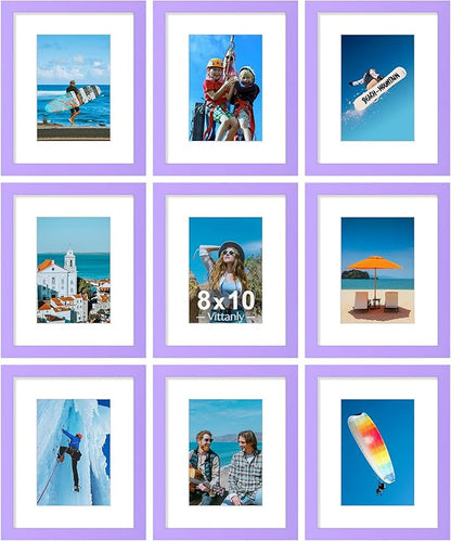 Vittanly 8x10 Picture Frames Set of 9, Shatter Resistant Plexiglass, Display 5x7 Pictures with Mat or 8x10 without Mat, Photo Frames for Wall or Tabletop, Engineered Wood, Purple