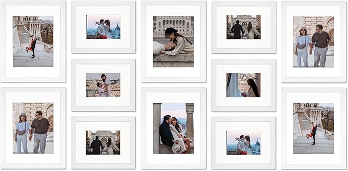 VELISTA 12 Piece Large Rectangle Gallery Wall Frame Set - Photo Frames With Mat 8x10 and 11x14 in - Picture Collage Made of Engineered Wood - Assorted Frames for Wall (White)