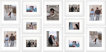 VELISTA 12 Piece Large Rectangle Gallery Wall Frame Set - Photo Frames With Mat 8x10 and 11x14 in - Picture Collage Made of Engineered Wood - Assorted Frames for Wall (White)