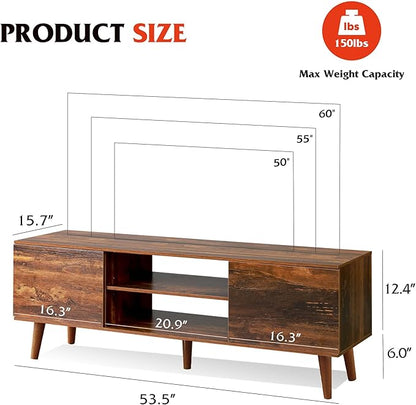 WLIVE TV Stand for 55 60 Inch TV, mid Century Modern Entertainment Center with 2 Cabinets Storage & Adjustable Shelf, Media Console Table for Living Room, Bedroom, Media Furniture, Retro Brown