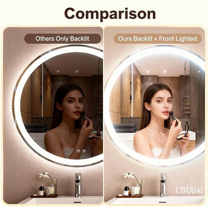 LTFUUAI 20" Round LED Bathroom Mirror with Lights, Smart Touch 3-Color Dimming Lighted Vanity Mirror wall Mounted, Anti-Fog Shatterproof with Front & Back Light, for Bathroom Vanity