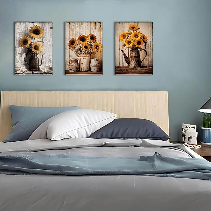 AOYUSMO 3 Piece Sunflower Wall Art Rustic Vintage Floral Canvas Wall Art Flower in Pitcher Pictures Wall Decor Farmhouse Art Prints for Kitchen Living Room Bedroom 16"x24" Framed