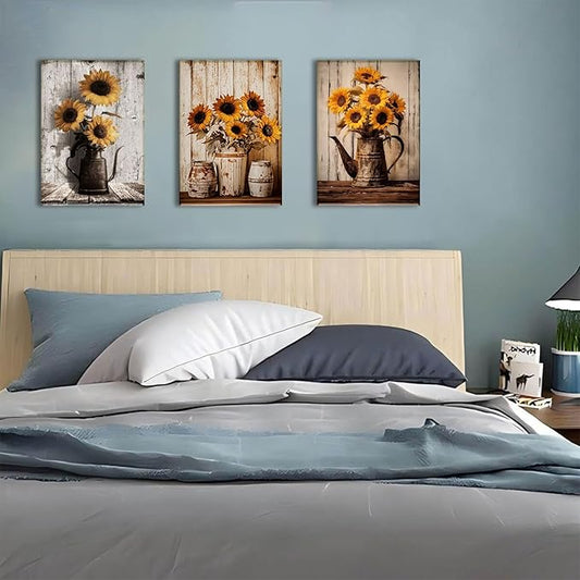 AOYUSMO 3 Piece Sunflower Wall Art Rustic Vintage Floral Canvas Wall Art Flower in Pitcher Pictures Wall Decor Farmhouse Art Prints for Kitchen Living Room Bedroom 12"x16" Framed
