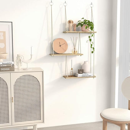 Fixwal Hanging Plant Shelves for Wall, 3 Tier Boho Wall Decor Plant Rack Floating Shelves Rope Rustic Wood Organizer Storage Hanger for Aesthetic Home Bedroom Kitchen Bathroom- Rustic Brown
