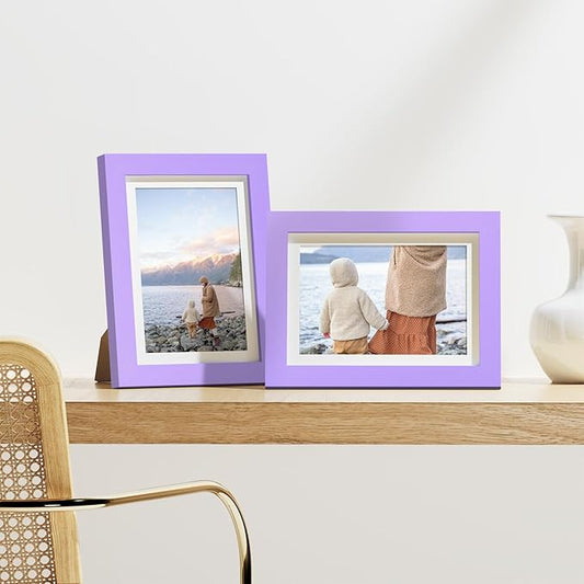Vittanly 5x7 Picture Frames Set of 9, Display 4x6 Pictures with Mat or 5x7 without Mat, Photo Frames for Wall or Tabletop with Plexiglass, Engineered Wood, Purple