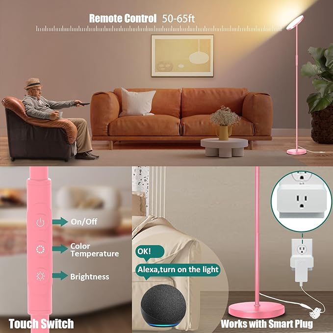 mukuxin Floor Lamp, Upgraded 40W 4000LM Super Bright Torchiere LED Floor Lamps for Living Room, Stepless Dimmable Color Temperature 2700K-6500K with Remote & Touch Control, Standing Light (40W Pink)