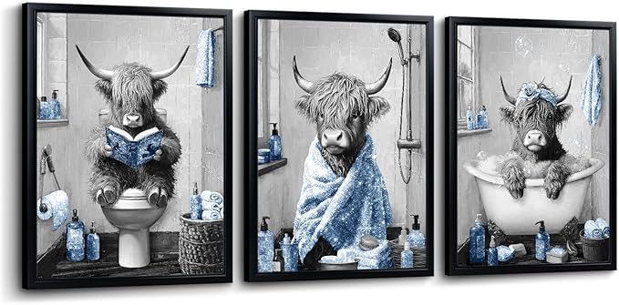 sechars Highland Cow Bathroom Wall Art 3 Piece Funny Bathroom Pictures Canvas Print Grey and Blue Decor (Blue)