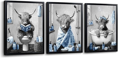 sechars Highland Cow Bathroom Wall Art 3 Piece Funny Bathroom Pictures Canvas Print Grey and Blue Decor (Blue)