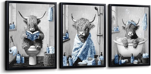 sechars Highland Cow Bathroom Wall Art 3 Piece Funny Bathroom Pictures Canvas Print Grey and Blue Decor (Blue)