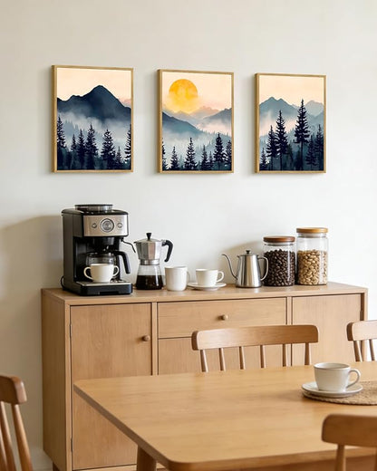 PHOPAGO Blue Fog Pine Tree Mountain Landscape Framed Wall Art Retro Watercolor Nature Misty Forest Artwork Paints Sun Rise Rustic Farmhouse Home Decor - 11x14in Natural Framed