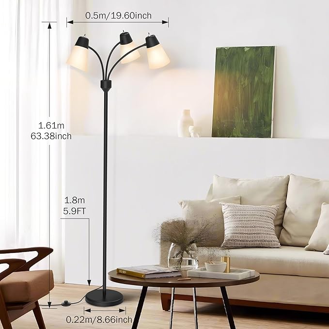 FOLKSMATE LED Floor Lamp, Medusa 3 Head Modern Adjustable Tall Standing Light for Living/Kids Room, Bedroom, Office, Dorm