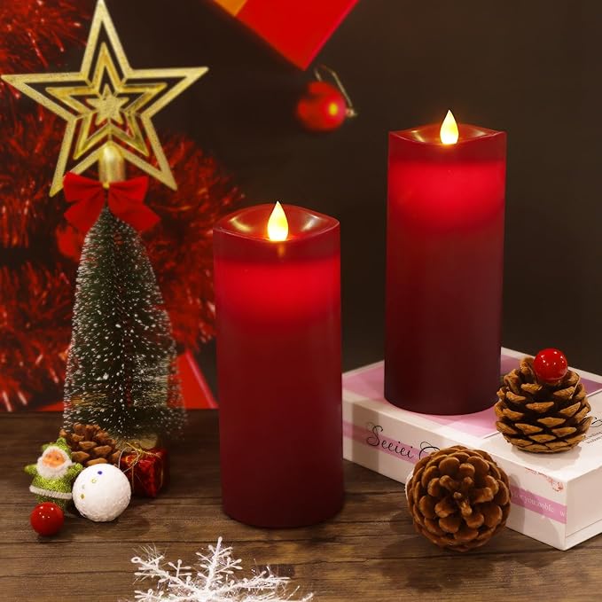 Enpornk 7” x 3” Flameless Candles, Flickering Moving Flame LED Candles, Battery Operated Candles with Remote and Timers, Burgundy, Set of 2