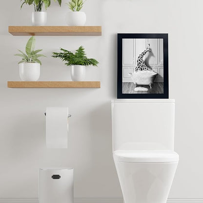 Funny Giraffe Poster - Funny Bathroom Wall Art Decor, Waterproof Black and White Quality Canvas Wall Art Pictures, Wood Framed Bathing Animals Abstract Prints for Bedroom Kids Room