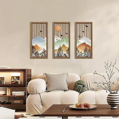 KAIRNE Mountain Landscape Wooden Wall Decor Set or 3(16”X8”) Framed,Boho Orange Wood Hanging Decor,Nature Bohemian Wall Art,Vintage Farmhouse Wooden Sign for Bedroom Living Room Office Decoration