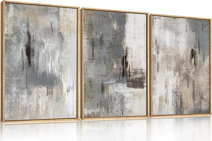 Aryroi Large Abstract Neutral Gray Beige Framed Canvas Wall Art,Modern Minimalist Earth Tone Brushstroke Wall Decor,Vintage Rustic Color Block Artwork for Living Room,Bedroom,Farmhouse- 16"x24"x3