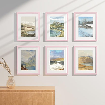 Vittanly 11x14 Picture Frames Set of 9, Display 8x10 Pictures with Mat or 11x14 without Mat, Photo Frames for Wall or Tabletop with Plexiglass, Engineered Wood, Pink