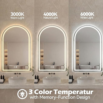 DUMOS 24"×36" LED Bathroom Mirror with Lights, Arched Vanity Mirror with Anti-Fog, Dimmable, 3-Color Light, Memory Function, Front Light and Backlit, Tempered Glass