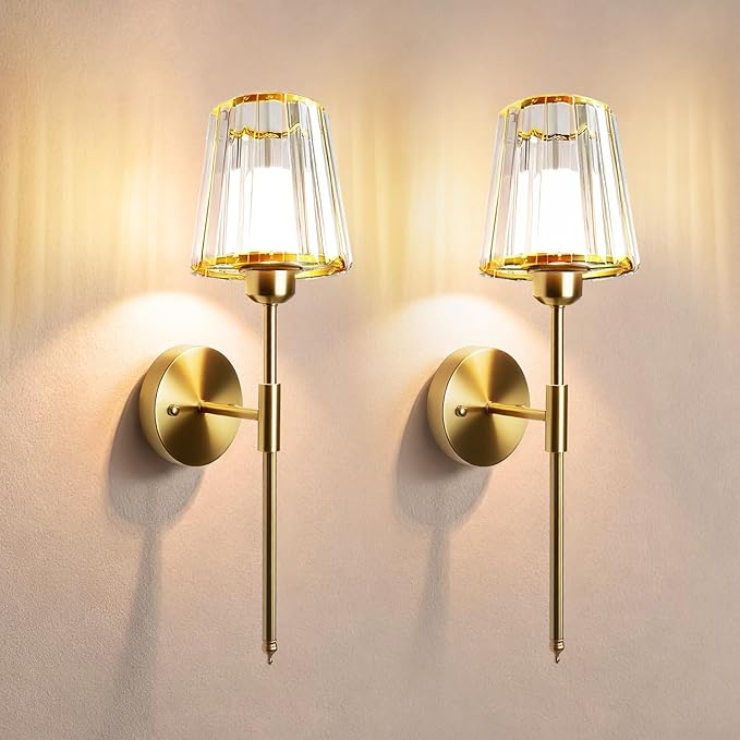 Adetu Crystal Battery Operated Wall Sconces Set of Two, Gold Rechargeable Wall Lights with 10000mAh Dimmable Magnetic Bulb, RGB Rechargeable Battery Wall Sconce with Remote Control for Bedroom Decor