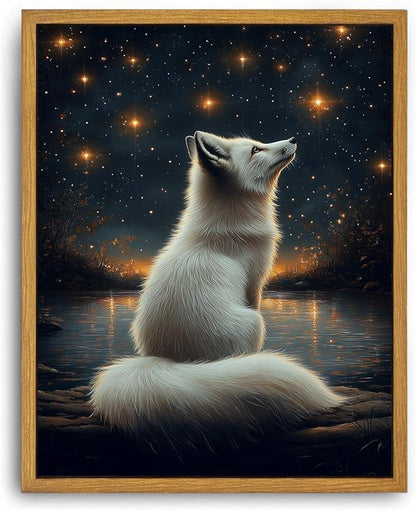 Djmwtb Framed Fox Wall Art Wildlife Animal White Fox Paintings Wall Decor Starry Night Sky Canvas Art Prints Whimsical Nature Aesthetic Pictures Artork for Living Room Bedroom 8x10in