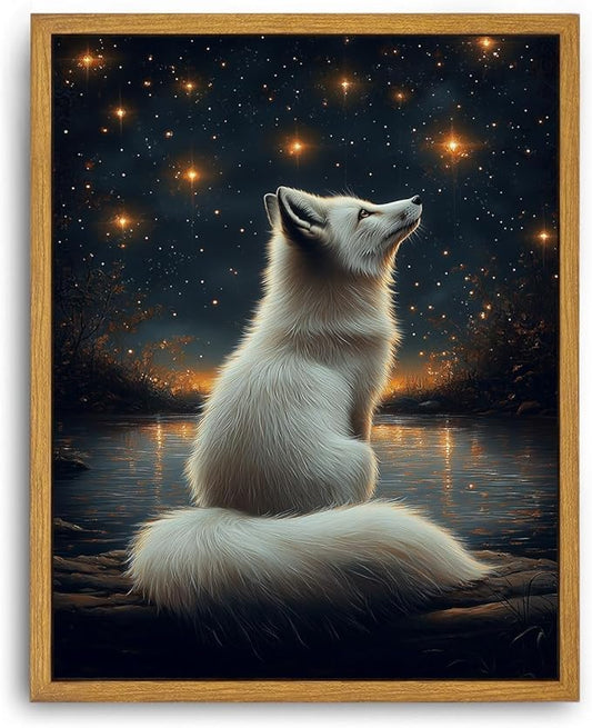 Djmwtb Framed Fox Wall Art Wildlife Animal White Fox Paintings Wall Decor Starry Night Sky Canvas Art Prints Whimsical Nature Aesthetic Pictures Artork for Living Room Bedroom 8x10in